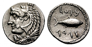 Photo 1: A picture of tuna on the back of a Drachma coin forged in Cadiz around the 3rd century BC. On the front is the Phoenician god Hercules (Melqart).