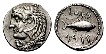 紀元前3世紀、カディスで鍛造されたドラクマ硬貨の裏にはマグロ。表はフェニキアのヘラクレス（メルカトル）神。
