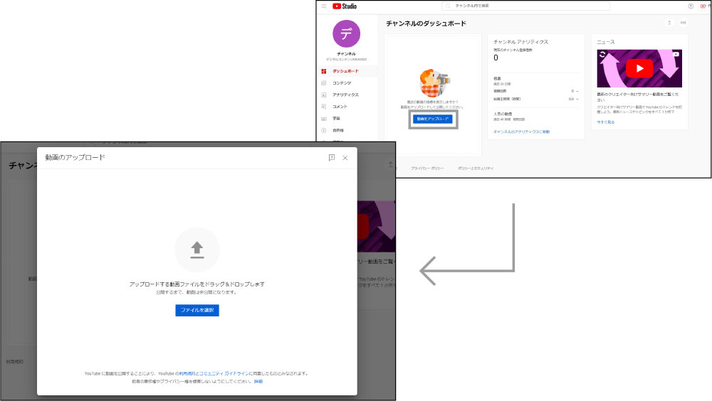 「チャンネル」の「ダッシュボード」から「動画をアップロード」