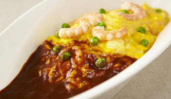 Japanese style rice omelet made by an establishment serving Western-style cuisine